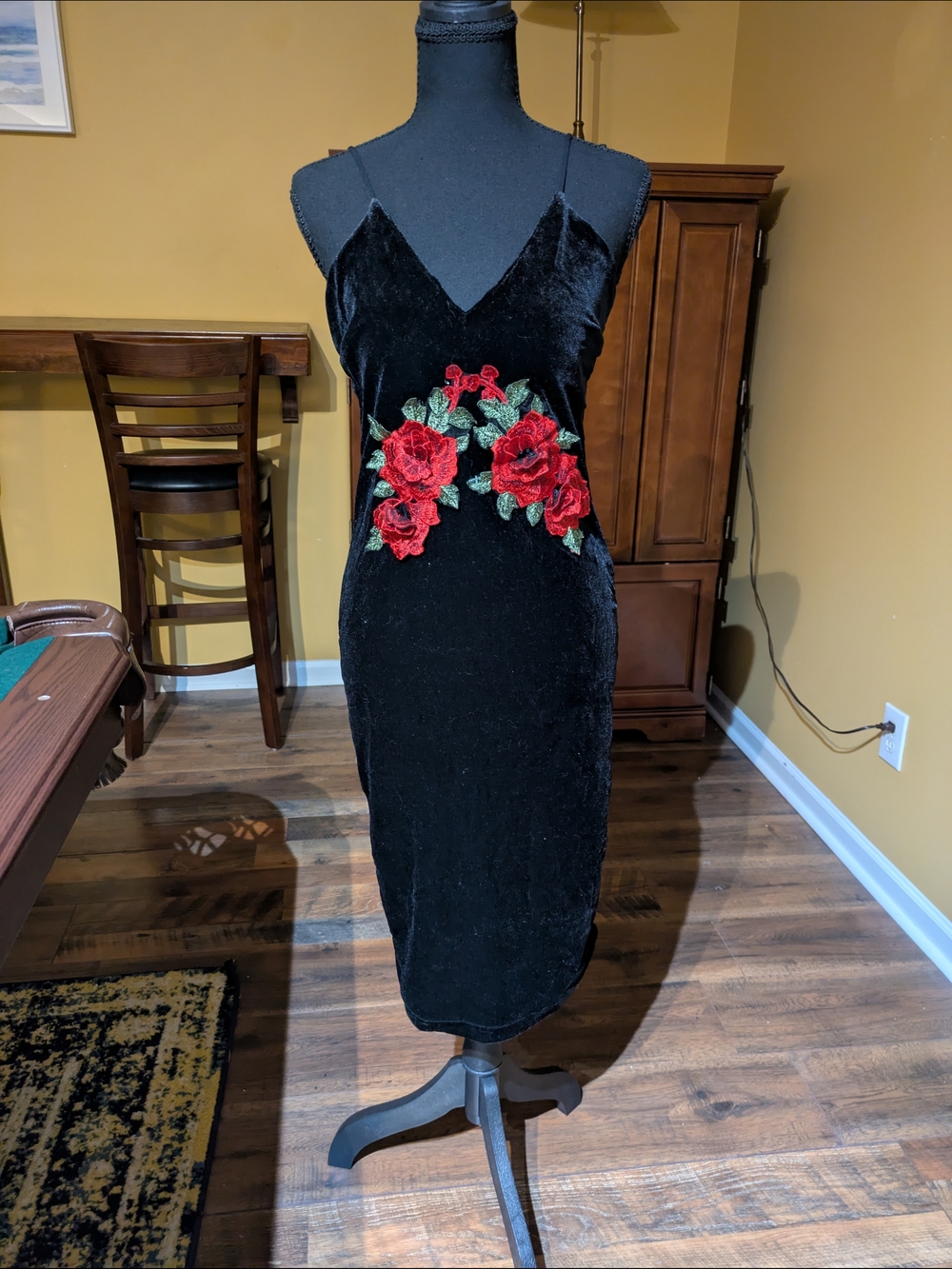 Black Velvet Slip Dress with Red Rose Embroidery